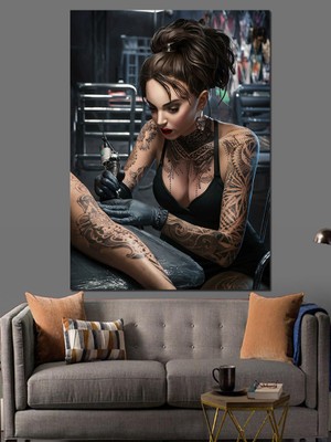 Dövmeci Kız Dekoratif Kanvas - Mdf Ahşap Tablo