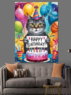 Doğum Günü Kutlayan Kedi Dekoratif Kanvas - Mdf Ahşap Tablo