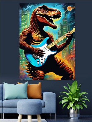 Gitar Çalan Dinazor Dekoratif Kanvas - Mdf Ahşap Tablo