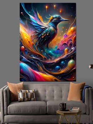 Gezegenler ve Kuş Dekoratif Kanvas - Mdf Ahşap Tablo