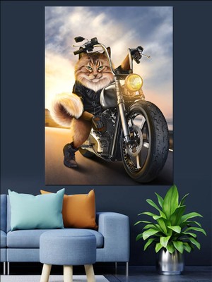Chopper Motor Süren Kedi Dekoratif Kanvas - Mdf Ahşap Tablo