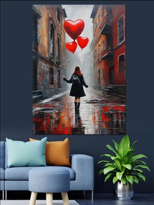 Kalp Şeklinde Uçan Balon Dekoratif Kanvas - Mdf Ahşap Tablo