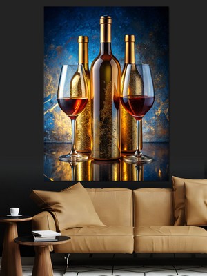 Şarap Kadehleri ve Şişeleri Dekoratif Kanvas - Mdf Ahşap Tablo