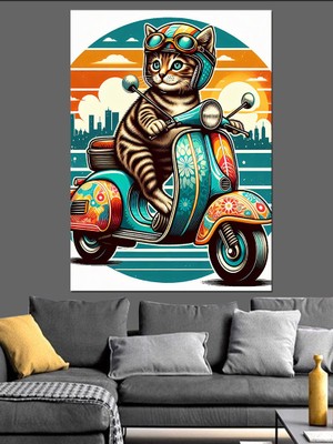 Motosiklet Kullanan Kedi Dekoratif Kanvas - Mdf Ahşap Tablo