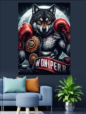 Ay ve Boksör Bozkurt Dekoratif Kanvas - Mdf Ahşap Tablo