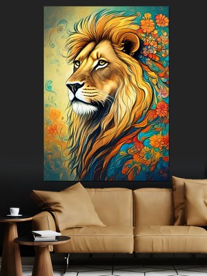 Çiçekli Renkli Aslan Dekoratif Kanvas - Mdf Ahşap Tablo