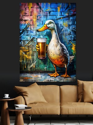 Bira Içen Ördek Dekoratif Kanvas - Mdf Ahşap Tablo