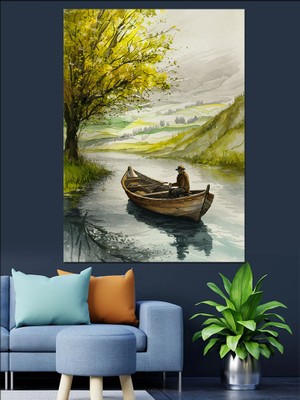 Nehirde Sandalla Balık Avı Dekoratif Kanvas - Mdf Ahşap Tablo