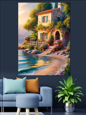 Deniz Kenarındaki Taş Ev Dekoratif Kanvas - Mdf Ahşap Tablo