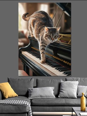 Piyano ve Kedi Dekoratif Kanvas - Mdf Ahşap Tablo
