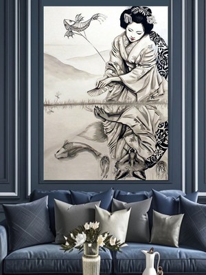 Japon Kadın ve Tilki Dekoratif Kanvas - Mdf Ahşap Tablo