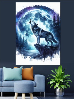 Uluyan Bozkurt ve Ay Dekoratif Kanvas - Mdf Ahşap Tablo