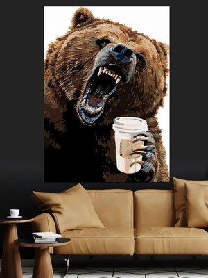 Kahve Içen Sinirli Ayı Dekoratif Kanvas - Mdf Ahşap Tablo