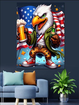 Bira Içen Kartal Dekoratif Kanvas - Mdf Ahşap Tablo