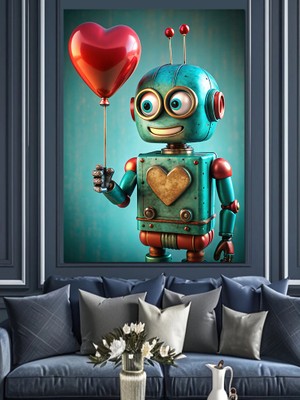 Kalpli Balon Tutan Sevimli Robot Dekoratif Kanvas - Mdf Ahşap Tablo