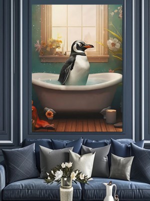 Penguenin Küvet Keyfi  Dekoratif Kanvas - Mdf Ahşap Tablo