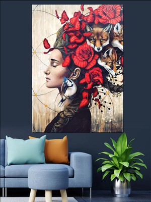 Tilkiler ve Kadın Dekoratif Kanvas - Mdf Ahşap Tablo
