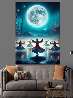 Dolunay ve Sema Yapan Semazenler Dekoratif Kanvas - Mdf Ahşap Tablo