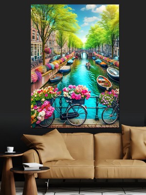 Amsterdam Çiçekli Bisikletler Dekoratif Kanvas - Mdf Ahşap Tablo