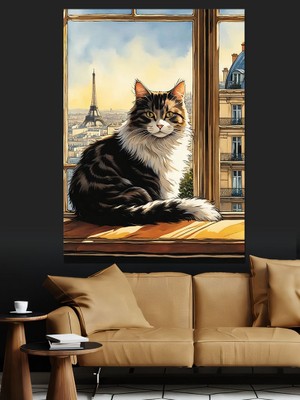 Kedi ve Eyfel Kulesi Dekoratif Kanvas - Mdf Ahşap Tablo