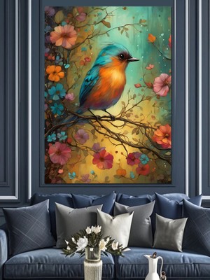 Renkli Kuş ve Çiçekler Dekoratif Kanvas - Mdf Ahşap Tablo