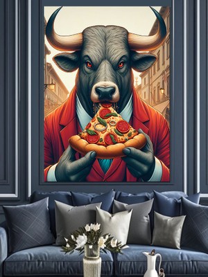 Pizza Yiyen Boğa Dekoratif Kanvas - Mdf Ahşap Tablo