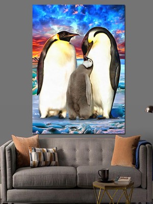 Sevimli Penguen Ailesi Dekoratif Kanvas - Mdf Ahşap Tablo