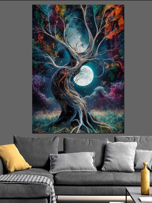 Dolunay ve Ağaç Dekoratif Kanvas - Mdf Ahşap Tablo