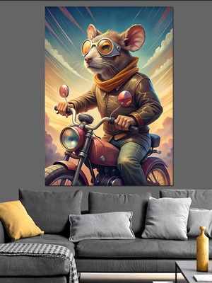 Üretra Motosiklet Kullanan Fare Dekoratif Kanvas - Mdf Ahşap Tablo