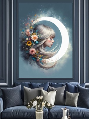 Hilal ve Çiçek Saçlı Kadın Dekoratif Kanvas - Mdf Ahşap Tablo