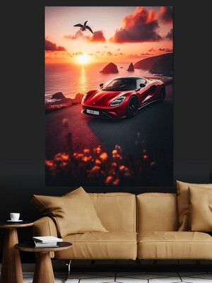 Gün Batımı ve Kırmızı Spor Araba Dekoratif Kanvas - Mdf Ahşap Tablo