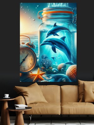 Çalar Saat ve Kavanozdaki Yunuslar Dekoratif Kanvas - Mdf Ahşap Tablo