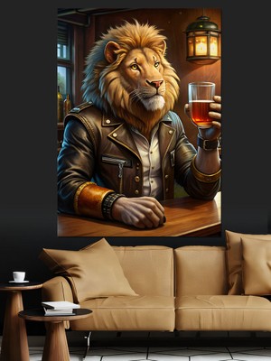 Deri Elbiseli Aslan ve Bira Dekoratif Kanvas - Mdf Ahşap Tablo