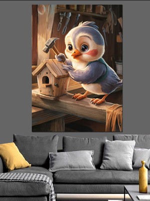 Kulübesini Tamir Eden Kuş Dekoratif Kanvas - Mdf Ahşap Tablo