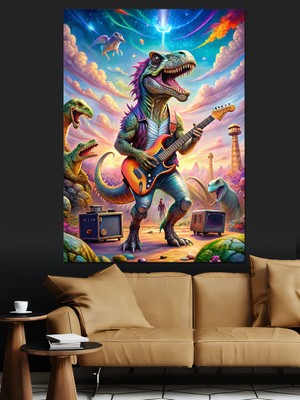 Elektro Gitar Çalan Dinozor Dekoratif Kanvas - Mdf Ahşap Tablo