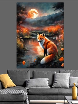 Dolunay ve Tilki Dekoratif Kanvas - Mdf Ahşap Tablo