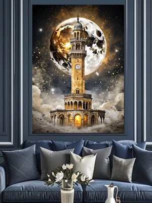 Izmir Saat Kulesi ve Dolunay Dekoratif Kanvas - Mdf Ahşap Tablo