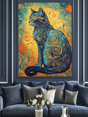 Van Gogh Tarzı Kedi Dekoratif Kanvas - Mdf Ahşap Tablo