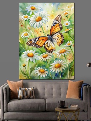 Kelebek ve Papatyalar Dekoratif Kanvas - Mdf Ahşap Tablo