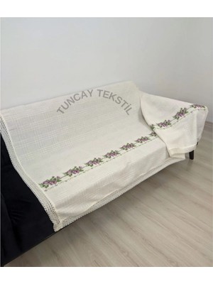 Kanaviçe Koltuk Örtüsü Takımı (Battal Boy) Mor Kanaviçeli Işlemeli Pamuklu Kaneviçe Buldan Işi Örtü