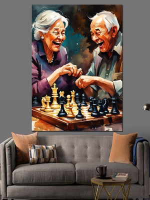 Satranç Oynayan Yaşlı Çift Dekoratif Kanvas - Mdf Ahşap Tablo
