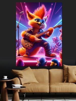 Elektro Gitar Çalan Çizgi Film Dekoratif Kanvas - Mdf Ahşap Tablo