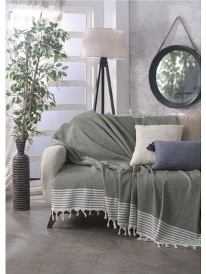 Bergama Haki Buldan Koltuk Örtüsü 180 x 200 cm Koltuk Şalı Kanepe Çekyat Örtüsü Pamuklu Throw
