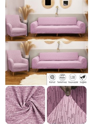 Jakarlı Düz Desen 3 3 1 1 Lastikli Koltuk Örtüsü Takımı Kanepe Çekyat Örtüsü Koltuk Kılıfı Pembe