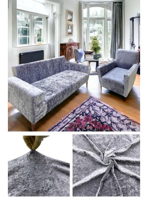 Gri Renk Kadife Streç Lastikli 3 3 1 1 Koltuk Örtüsü Takımı Kanepe Çekyat Örtüsü Koltuk Kılıfı