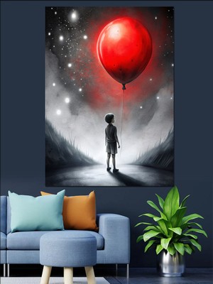 Kırmızı Uçan Balon ve Çocuk Dekoratif Kanvas - Mdf Ahşap Tablo