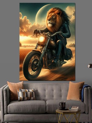 Motorcu Aslan Çöllerde Dekoratif Kanvas - Mdf Ahşap Tablo
