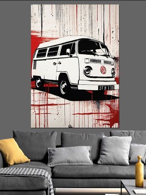 Retro Beyaz Minibüs Dekoratif Kanvas - Mdf Ahşap Tablo