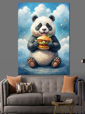 Hamburger Yiyen Panda Dekoratif Kanvas - Mdf Ahşap Tablo