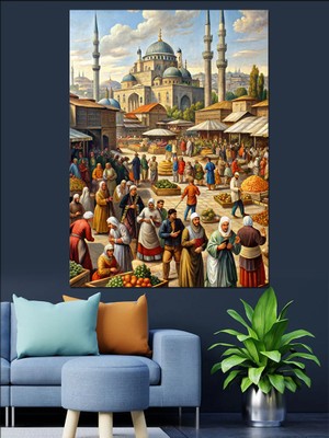 Osmanlı Zamanı Pazar Dekoratif Kanvas - Mdf Ahşap Tablo